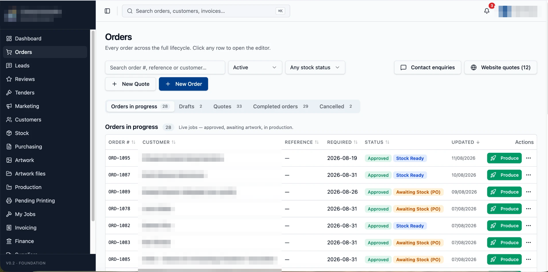 Order pipeline view showing every live job, its status and required date